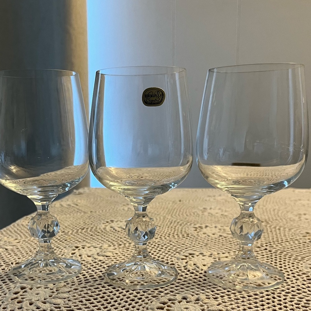 Set (3) Czech Bohemia Claudia Crystal Wine Glasses Multi faceted Ball Stem 6.5”